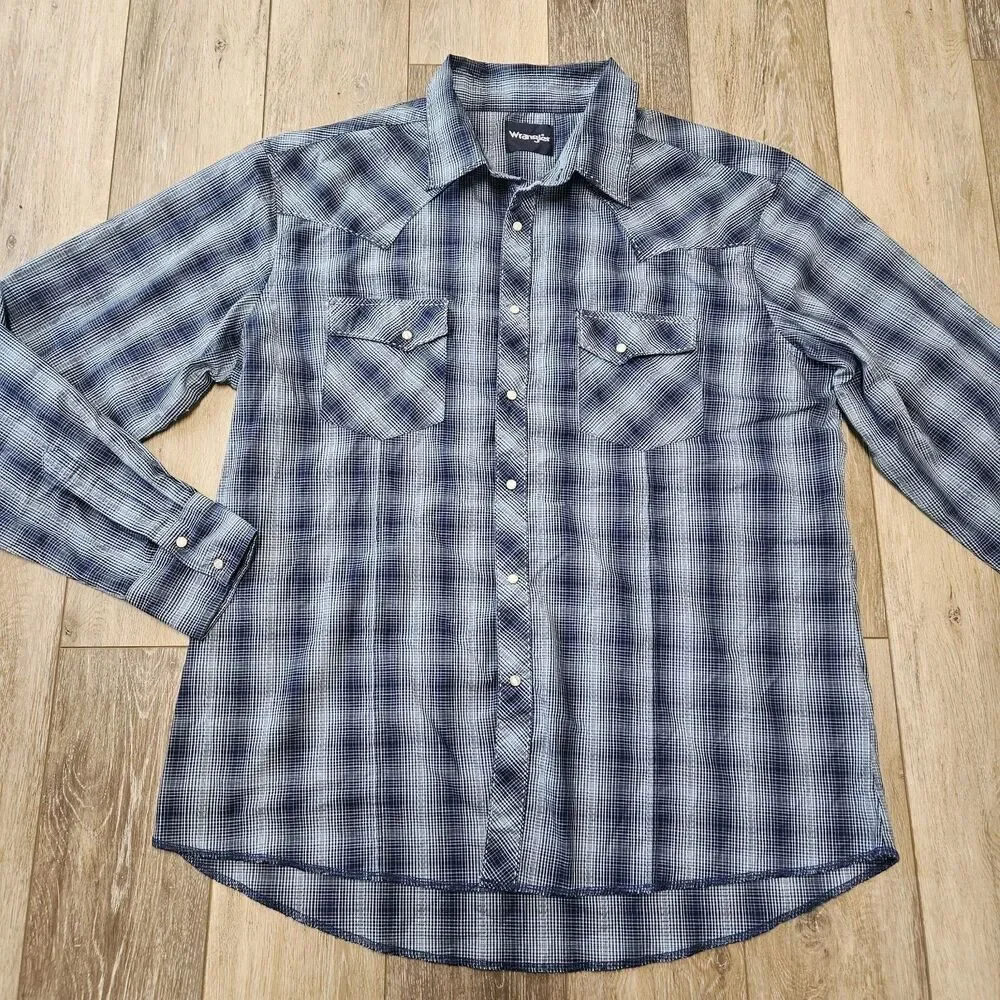 Wrangler Western Pearl Snap Blue Plaid Button Up Shirt Men's Medium Retro